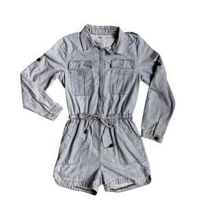 Vtg Denim Long‎ Sleeve Romper Womens XS Button Drawstring Shorts Cowgirl Western